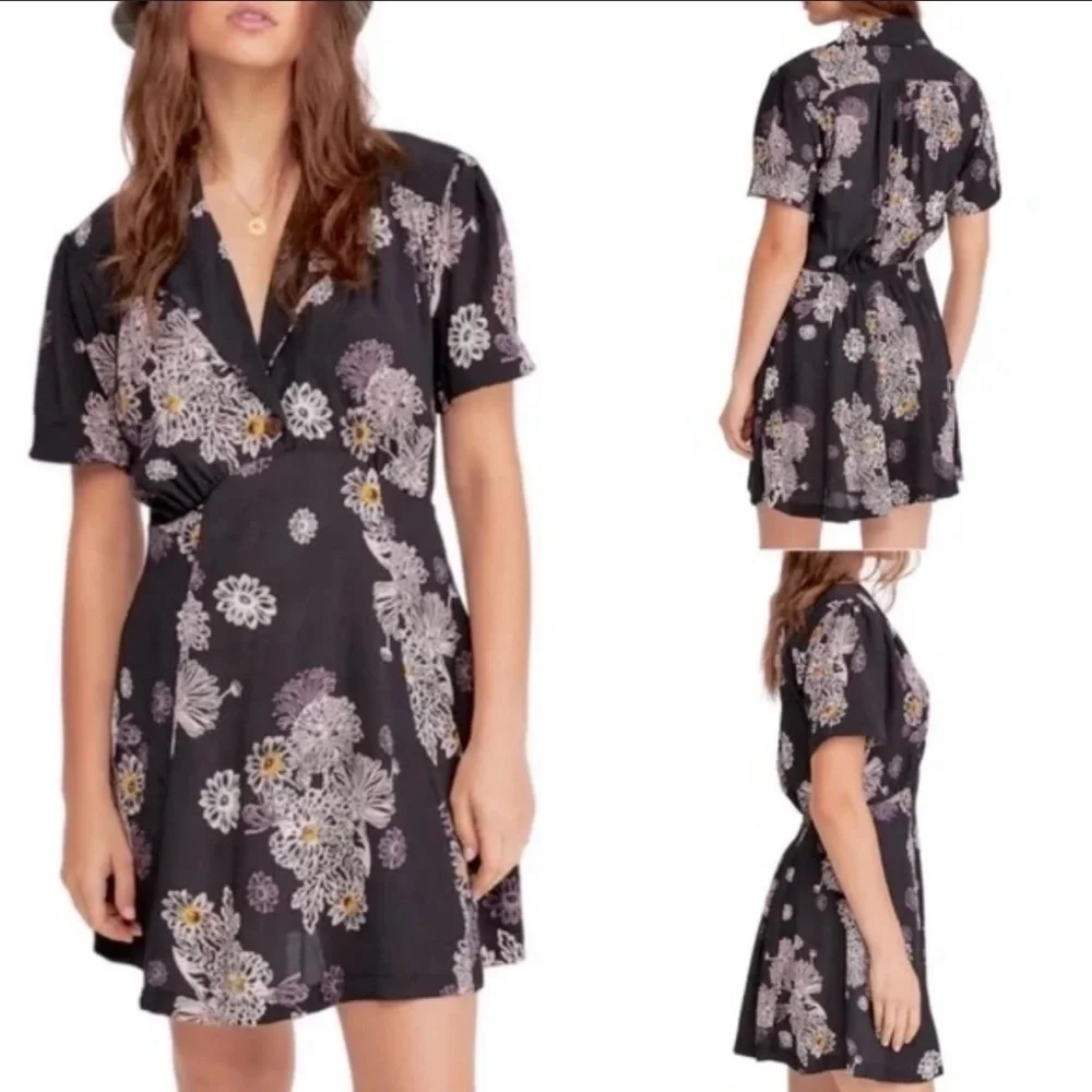 FREE PEOPLE Blue Hawaii Black Mini Dress Sz XS Floral 100% Viscose Boho